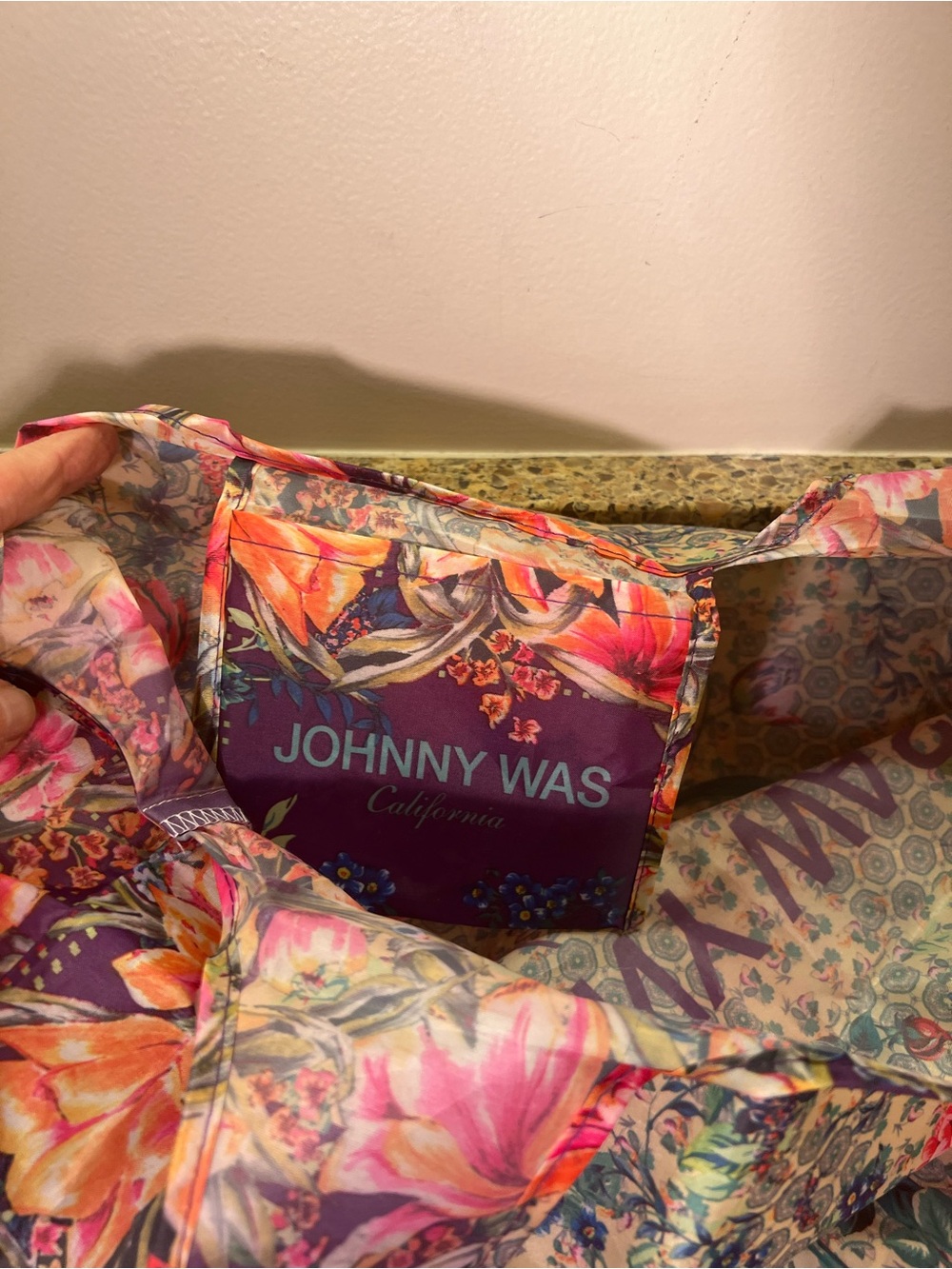 Johnny Was Multicolor Floral Logo Nylon Tote Bag- Pink, Blue & Cream 24x15” - Picture 5 of 6